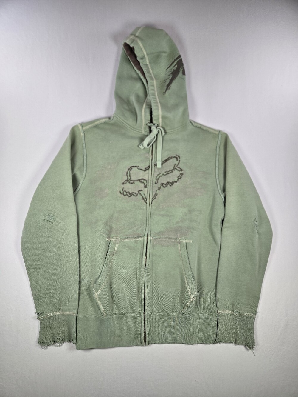 Vintage Y2K Fox Racing Distressed Full Zip Hoodie Sage Green Moto Men’s Small